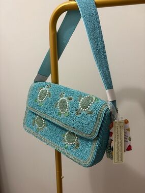 T.J.Maxx Aqua Beaded Shoulder Bag with Turtle Motifs